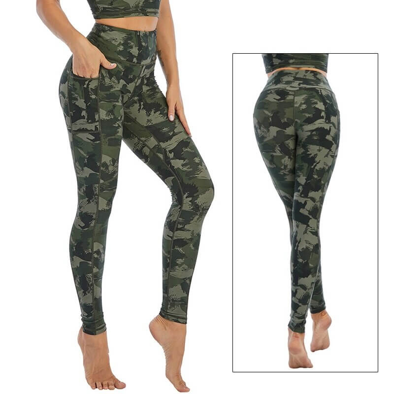 Woman wearing high waist, camouflage sports leggings, perfect for yoga and workouts, showcasing front and back view.